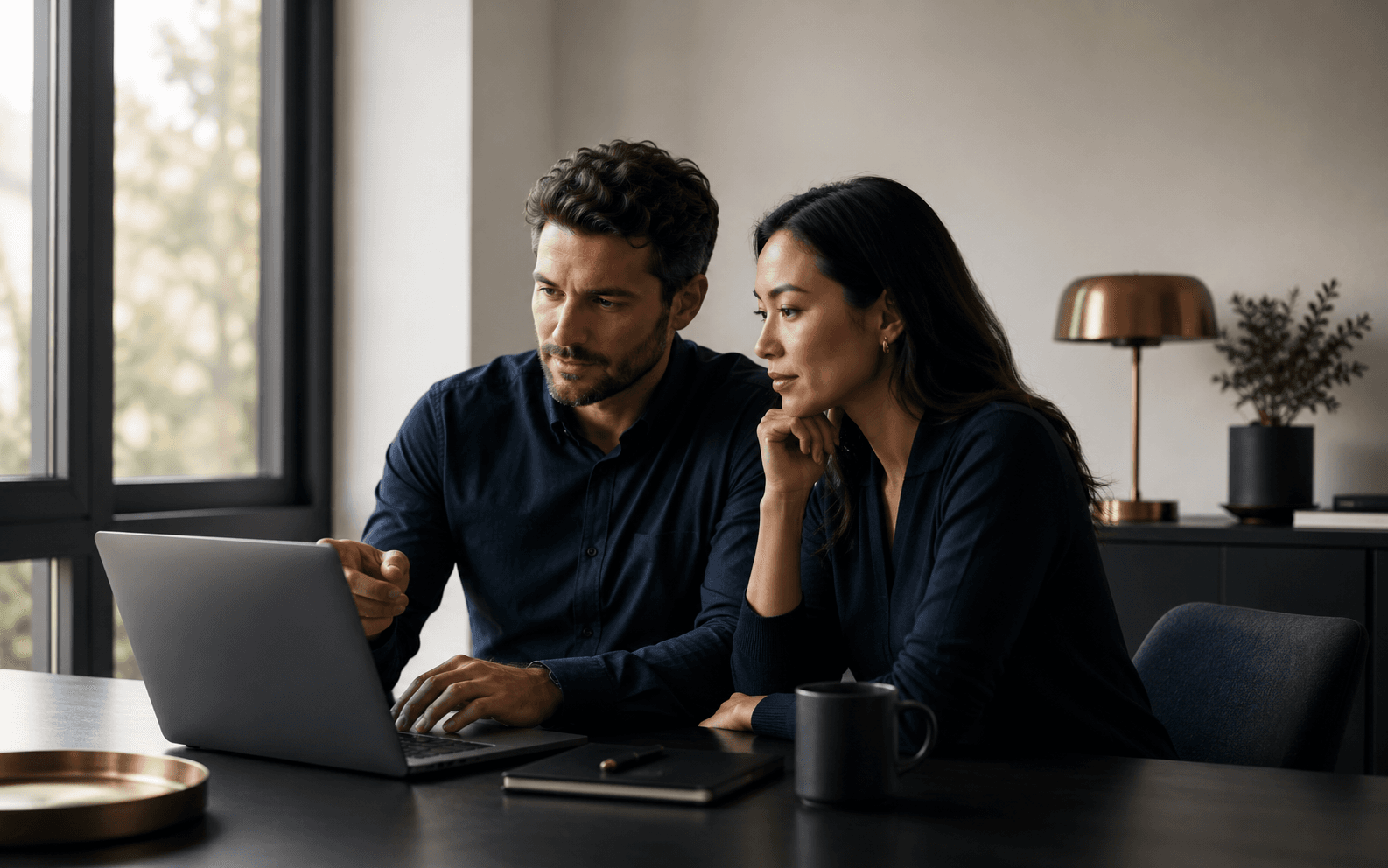 Two colleagues reviewing work together at a laptop.